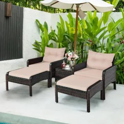 Hivvago 5 Pieces Patio Rattan Sofa Ottoman Furniture Set with Cushions