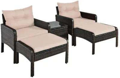 Hivvago 5 Pieces Patio Rattan Sofa Ottoman Furniture Set with Cushions