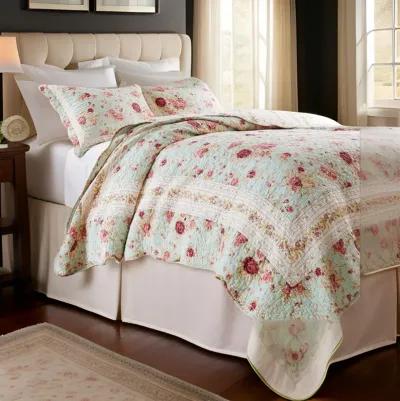 Rosle 2pc Twin Quilt and Pillow Sham Set, Scallop Edges, Floral Blue Cotton - Benzara