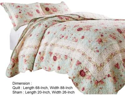 Rosle 2pc Twin Quilt and Pillow Sham Set, Scallop Edges, Floral Blue Cotton - Benzara