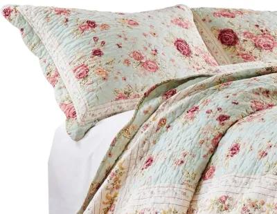 Rosle 2pc Twin Quilt and Pillow Sham Set, Scallop Edges, Floral Blue Cotton - Benzara