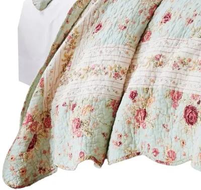 Rosle 2pc Twin Quilt and Pillow Sham Set, Scallop Edges, Floral Blue Cotton - Benzara