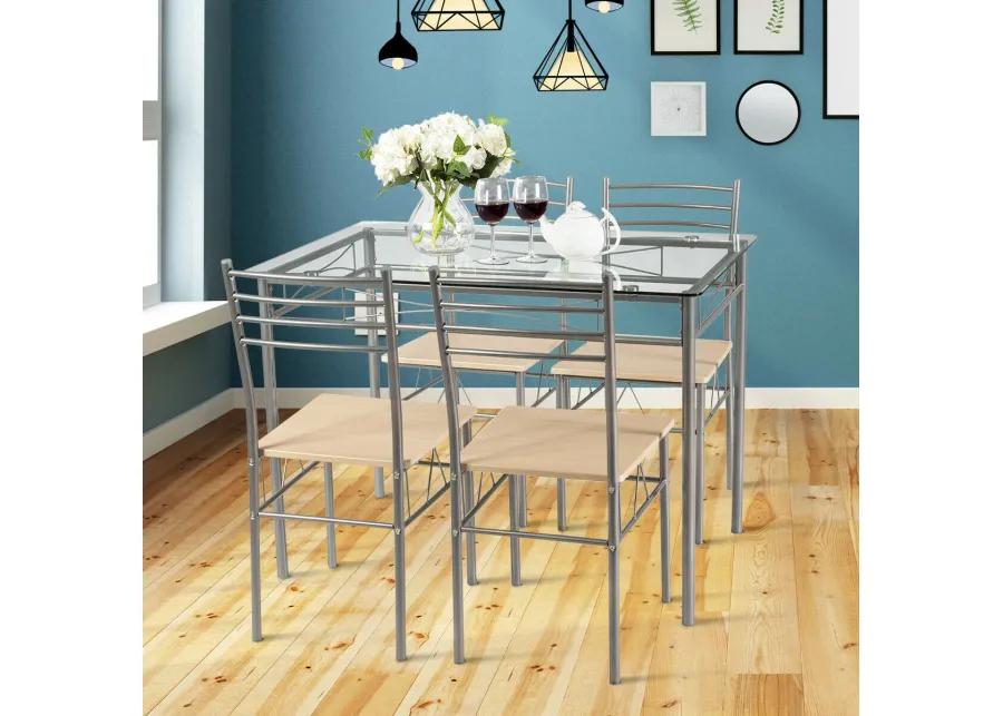 5 Pieces Dining Set Glass Table and 4 Chairs