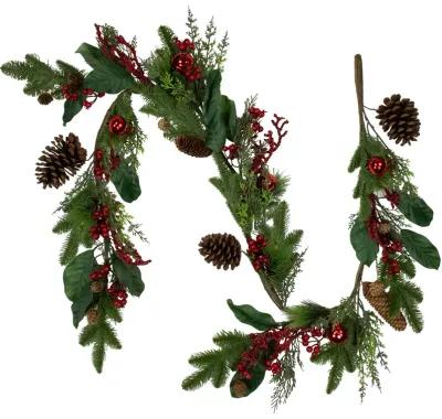 6' Green and Red Pinecones and Berries Artificial Christmas Garland- Unlit