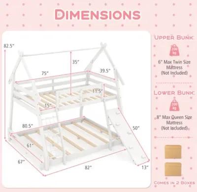 Hivvago Twin Over Queen Bunk Bed Wooden Kids Bed with Climbing Nets and Ramp