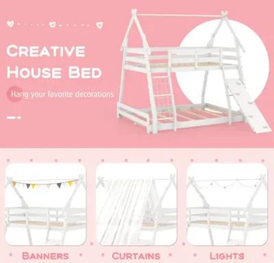 Hivvago Twin Over Queen Bunk Bed Wooden Kids Bed with Climbing Nets and Ramp