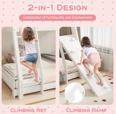 Hivvago Twin Over Queen Bunk Bed Wooden Kids Bed with Climbing Nets and Ramp