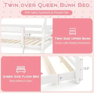 Hivvago Twin Over Queen Bunk Bed Wooden Kids Bed with Climbing Nets and Ramp