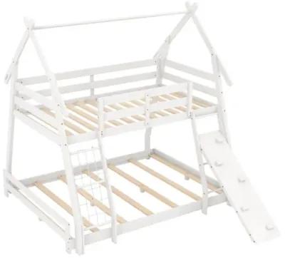 Hivvago Twin Over Queen Bunk Bed Wooden Kids Bed with Climbing Nets and Ramp