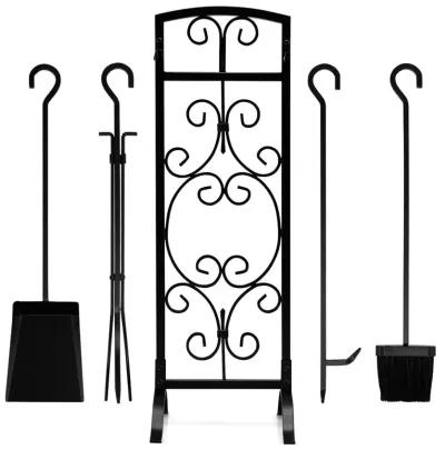 5 Piece Wrought Iron Fireplace Tools with Decor Holder-Black