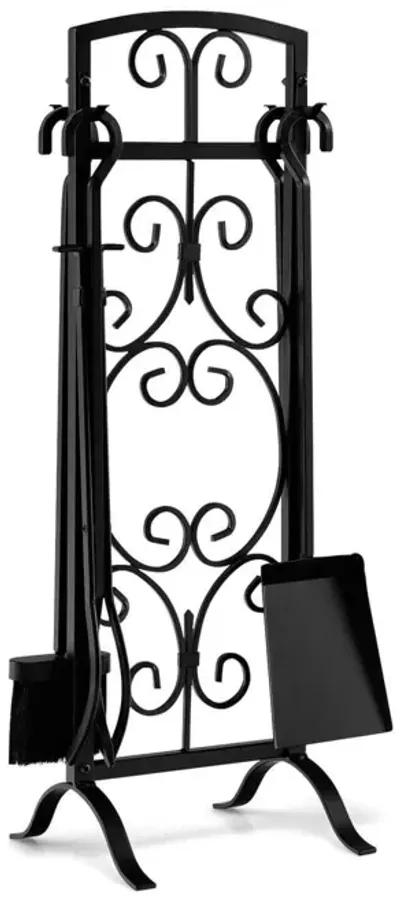 5 Piece Wrought Iron Fireplace Tools with Decor Holder-Black