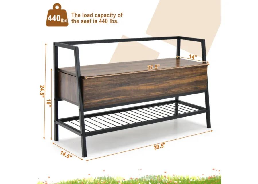 Hivvago Industrial Shoe Bench with Storage Space and Metal Handrail-Rustic Brown