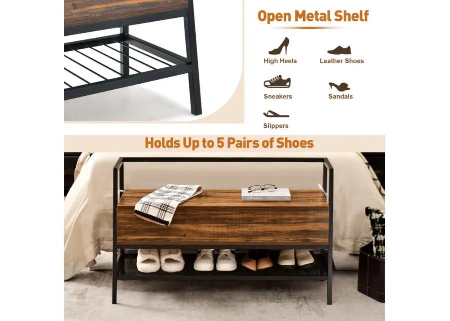 Hivvago Industrial Shoe Bench with Storage Space and Metal Handrail-Rustic Brown