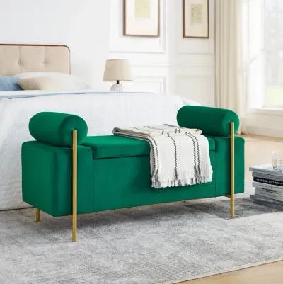 Hivvago Elegant Upholstered Linen Storage Bench with Cylindrical Arms and Iron Legs