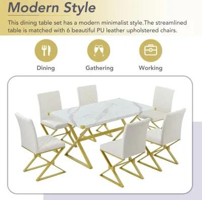 Merax 7-Piece Modern Gold Frame Dining Table Set