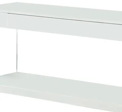 Contemporary Style Plastic TV Stand with Glass Side Panels, White-Benzara