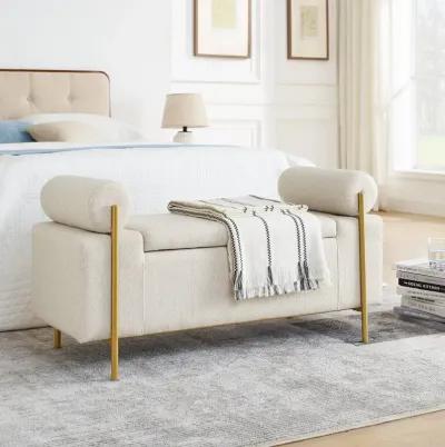 Hivvago Elegant Upholstered Linen Storage Bench with Cylindrical Arms and Iron Legs