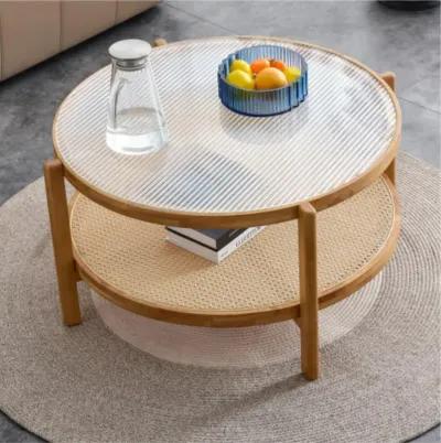 Modern simple circular double-layer solid wood tea table rattan woven Chinese side table small round table suitable for living room, dining room and bedroom