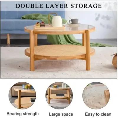 Modern simple circular double-layer solid wood tea table rattan woven Chinese side table small round table suitable for living room, dining room and bedroom