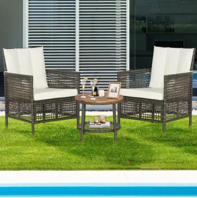 3 Pieces Patio Rattan Furniture Set with Cushioned Sofas and Wood Table Top-White