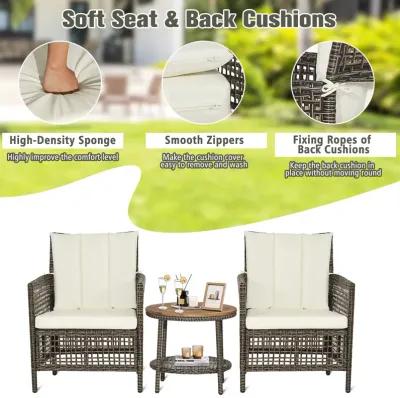 3 Pieces Patio Rattan Furniture Set with Cushioned Sofas and Wood Table Top-White