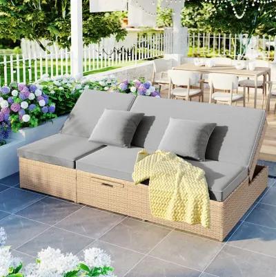 MONDAWE Outdoor Double Sunbed, Wicker Rattan Patio Reclining Chairs with Adjustable Backrest and Seat, Conversational Set