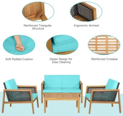 4 Pieces Patio Rattan Furniture Set with Removable Cushions