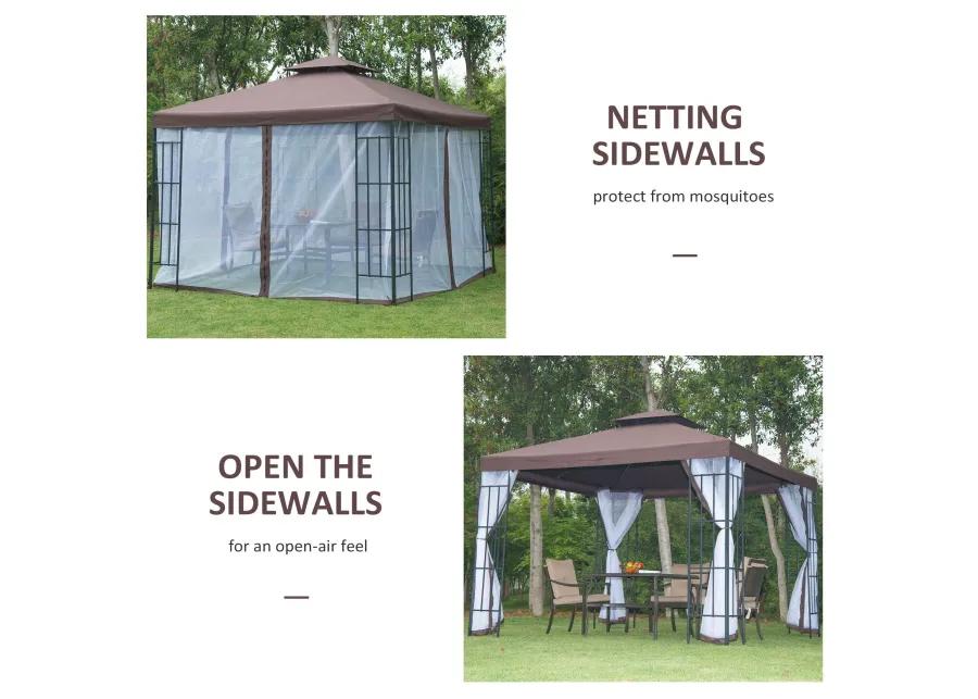 Coffee Outdoor Haven: 10x10 Gazebo with Double Roof and Netting