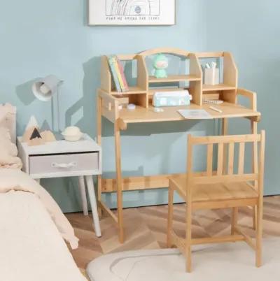 Hivvago Bamboo Kids Study Desk and Chair Set with Bookshelf