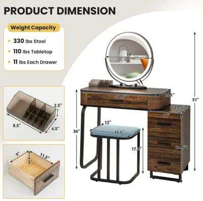 Vanity Table Set with 3-Color Lighted Mirror and Charging Station