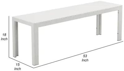 Theo 53 Inch Outdoor Bench, White Aluminum Frame, Plank Style Seat Surface-Benzara