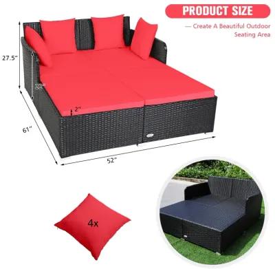 Spacious Outdoor Rattan Daybed with Upholstered Cushions and Pillows