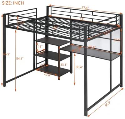 Full Size Loft Bed With Desk And Board, Metal Loft Bed With 3 Shelves And Ladder