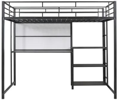 Full Size Loft Bed With Desk And Board, Metal Loft Bed With 3 Shelves And Ladder