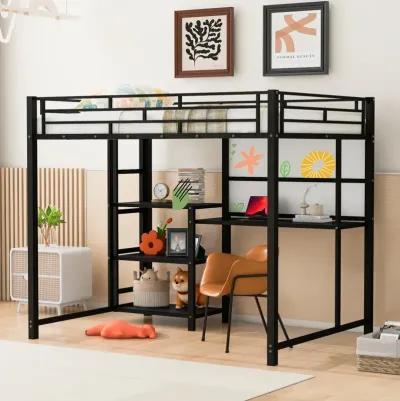 Full Size Loft Bed With Desk And Board, Metal Loft Bed With 3 Shelves And Ladder