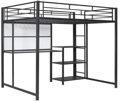 Full Size Loft Bed With Desk And Board, Metal Loft Bed With 3 Shelves And Ladder