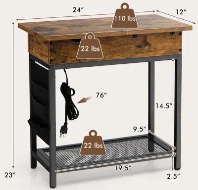 Industrial End Table with Charging Station and Flip Top-Rustic Brown