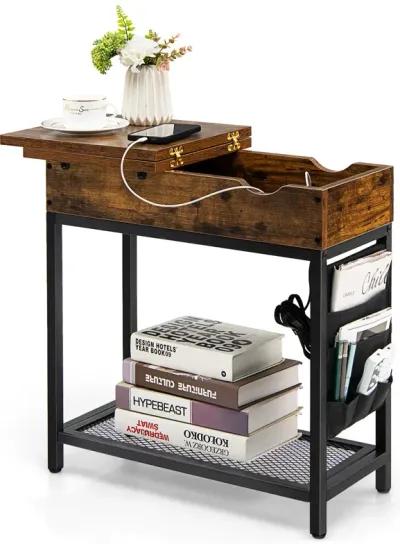 Industrial End Table with Charging Station and Flip Top-Rustic Brown