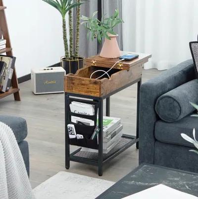 Industrial End Table with Charging Station and Flip Top-Rustic Brown