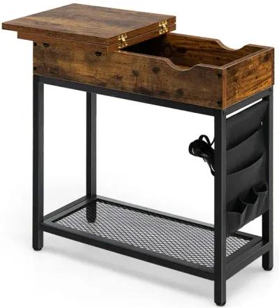 Industrial End Table with Charging Station and Flip Top-Rustic Brown