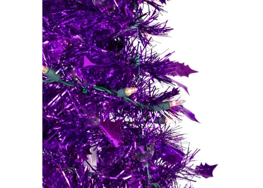 6' Pre-Lit Purple Tinsel Pop-Up Artificial Christmas Tree  Clear Lights