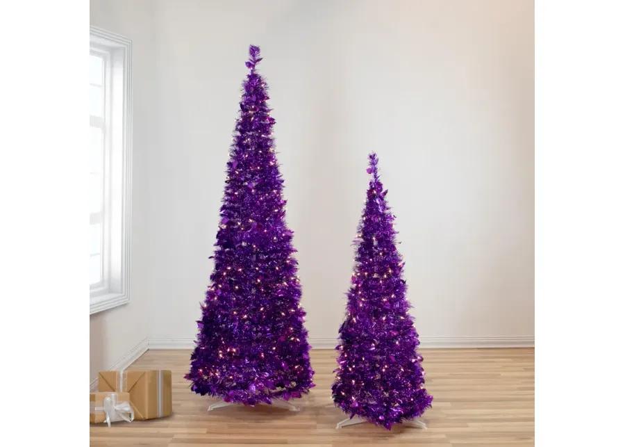 6' Pre-Lit Purple Tinsel Pop-Up Artificial Christmas Tree  Clear Lights