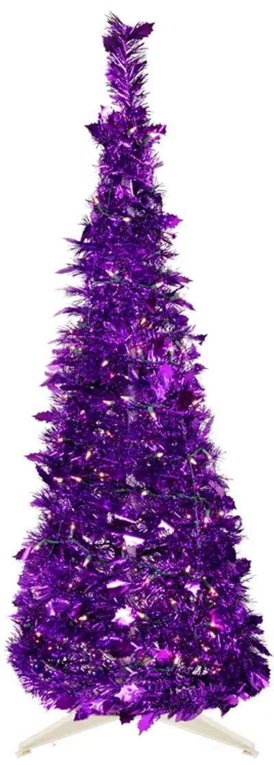 6' Pre-Lit Purple Tinsel Pop-Up Artificial Christmas Tree  Clear Lights