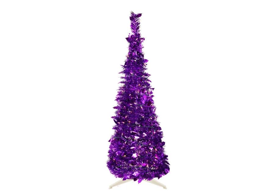 6' Pre-Lit Purple Tinsel Pop-Up Artificial Christmas Tree  Clear Lights