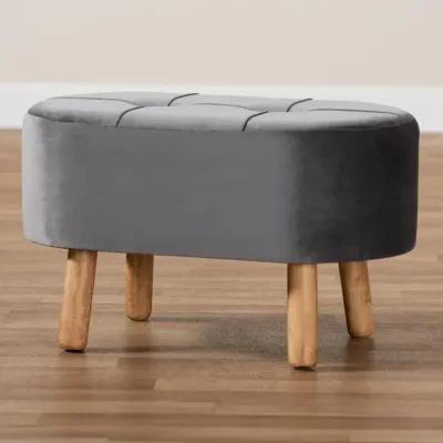 Simone Mid-Century Modern Grey Velvet Fabric Upholstered Wood Ottoman