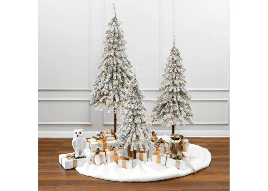 LuxenHome 3-Piece Snow-Flocked Sweeping Branches Artificial Tree Set with Battery Operated Lights