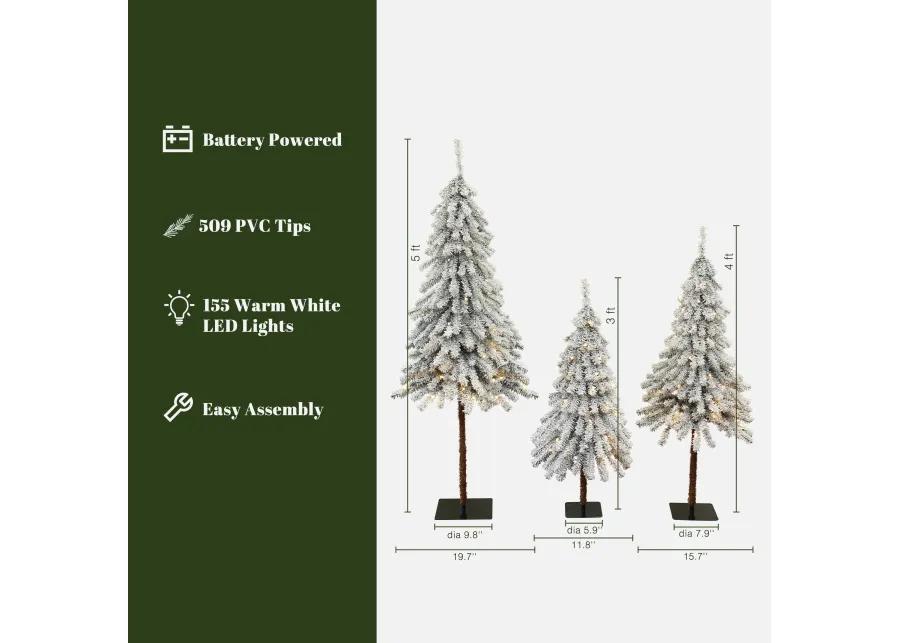 LuxenHome 3-Piece Snow-Flocked Sweeping Branches Artificial Tree Set with Battery Operated Lights