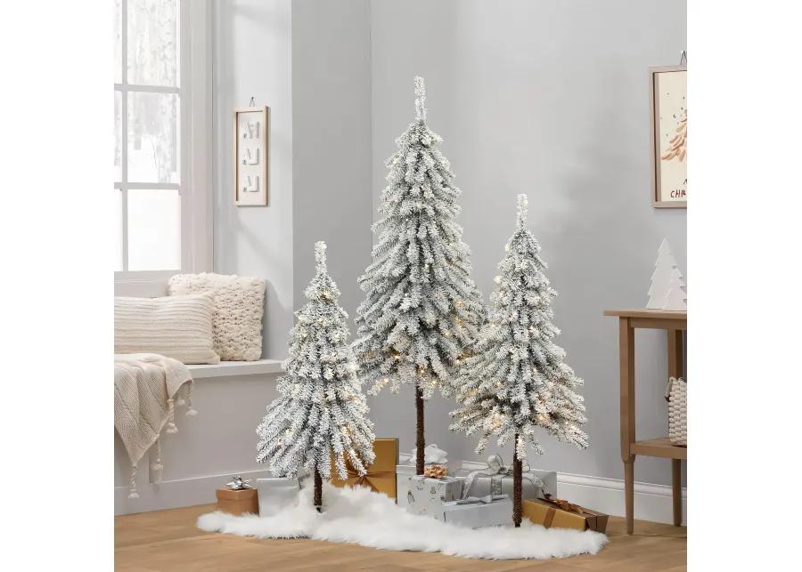 LuxenHome 3-Piece Snow-Flocked Sweeping Branches Artificial Tree Set with Battery Operated Lights