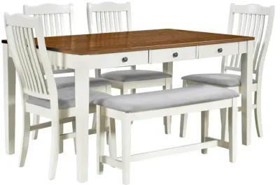 Mid-Century 6-Piece Wood Dining Table Set, Kitchen Table Set With Drawer, Upholstered Chairs