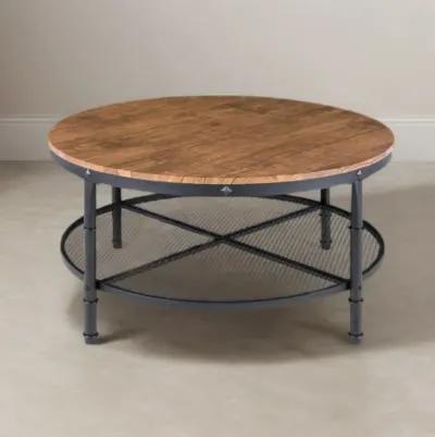 Hivvago FarmHome Industrial Wood Steel Coffee Table 2-Tier Round with Storage Shelves